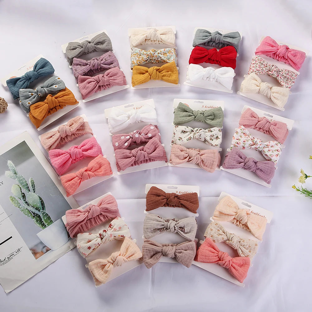 3Pcs/Set Solid Muslin Cotton Linen Baby Headband Elastic Rabbit Ear Hair Band Infant Girl Turban Headwraps Stretch Accessories Good Vibrations