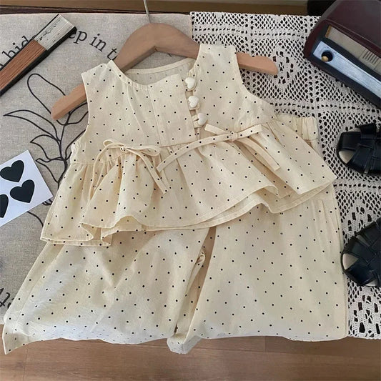 Bear Leader 2024 Summer New Girls' Clothing Polka Dot Love Single Breasted Top+ Pants 2P Set Girls' Clothing Children's Cute Set Good Vibrations