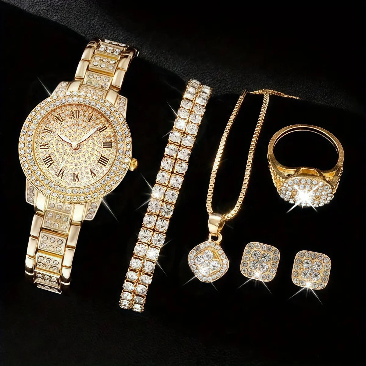 Full Diamond Roman Literal Steel Strip Watch with Starry Charm Business Quartz Watch Set Good Vibrations