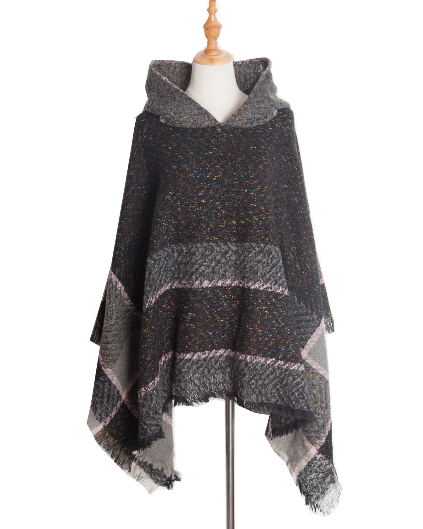 New Autumn Winter Fishbone Pattern Women's Hooded Cape Pullover Cape Women Poncho Lady Capes Black Cloaks Good Vibrations