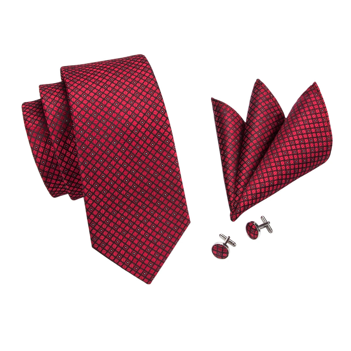Hi-Tie Designer Red Burgundy Plaid Silk Wedding Tie For Men Handky Cufflink Gift Mens Necktie Fashion Business Party Dropshiping Good Vibrations