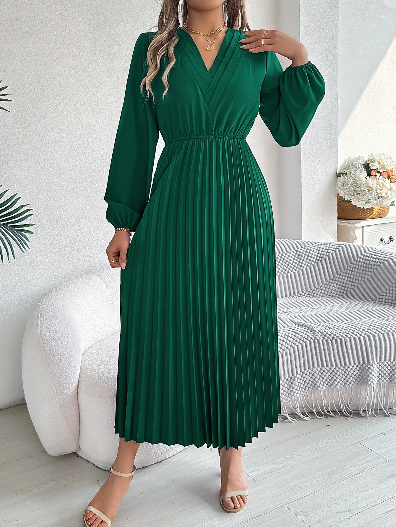 Elegant Dresses for Woman 2025 Autumn Winter Solid Color V Neck High Waist Pleated Maxi Dress Red Black Green Good Vibrations