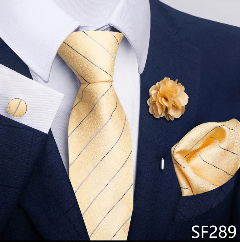Luxury Mens Ties Floral Black Gold Ties Paisley NeckTie Pocket Square Cufflinks Brooch Set Men's Wedding Party Tie Good Vibrations