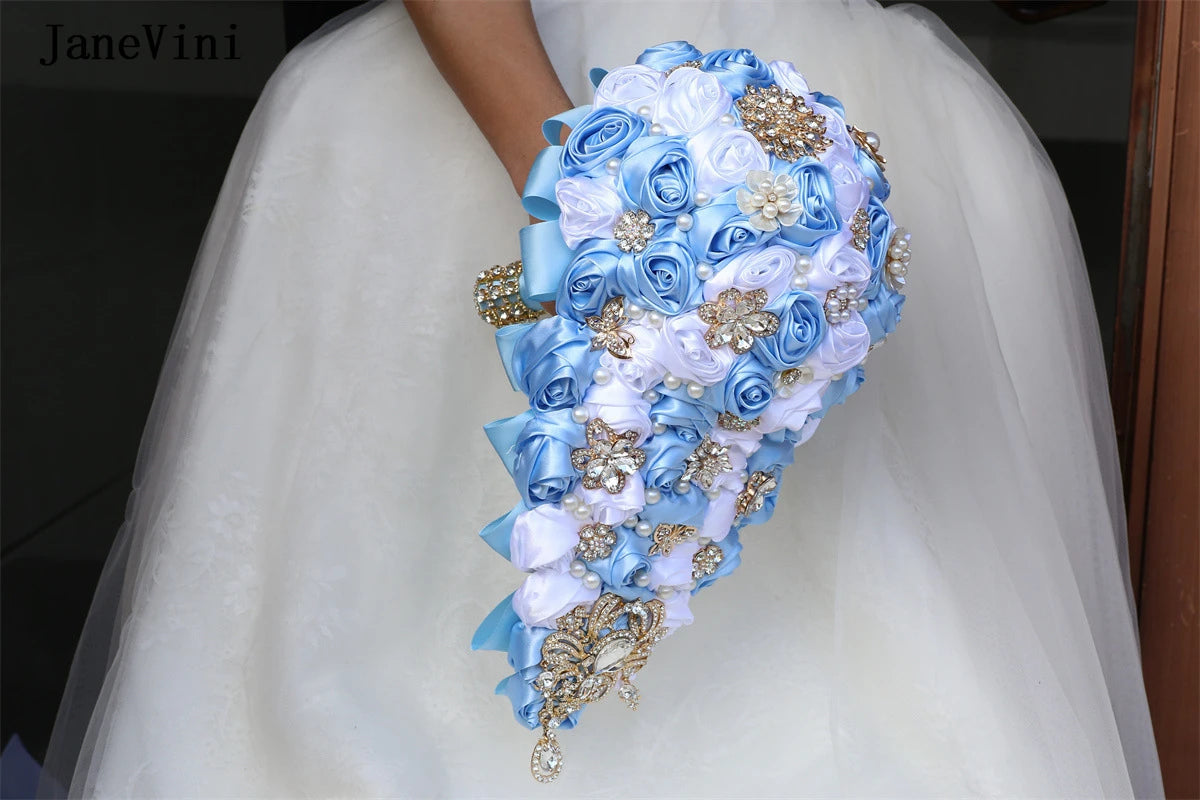 JaneVini Elegant Korean Light Blue Cascading Flowers Crystal Waterfall Bridal Bouquets Pearl Ribbon Roses Wedding Brooch Bouquet Good Vibrations
