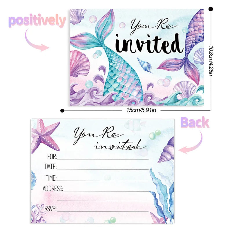 12pcs Mermaid Invitation Cards, Double-Sided Birthday Party Invites, Underwater Theme Party Decorations Supplies Good Vibrations