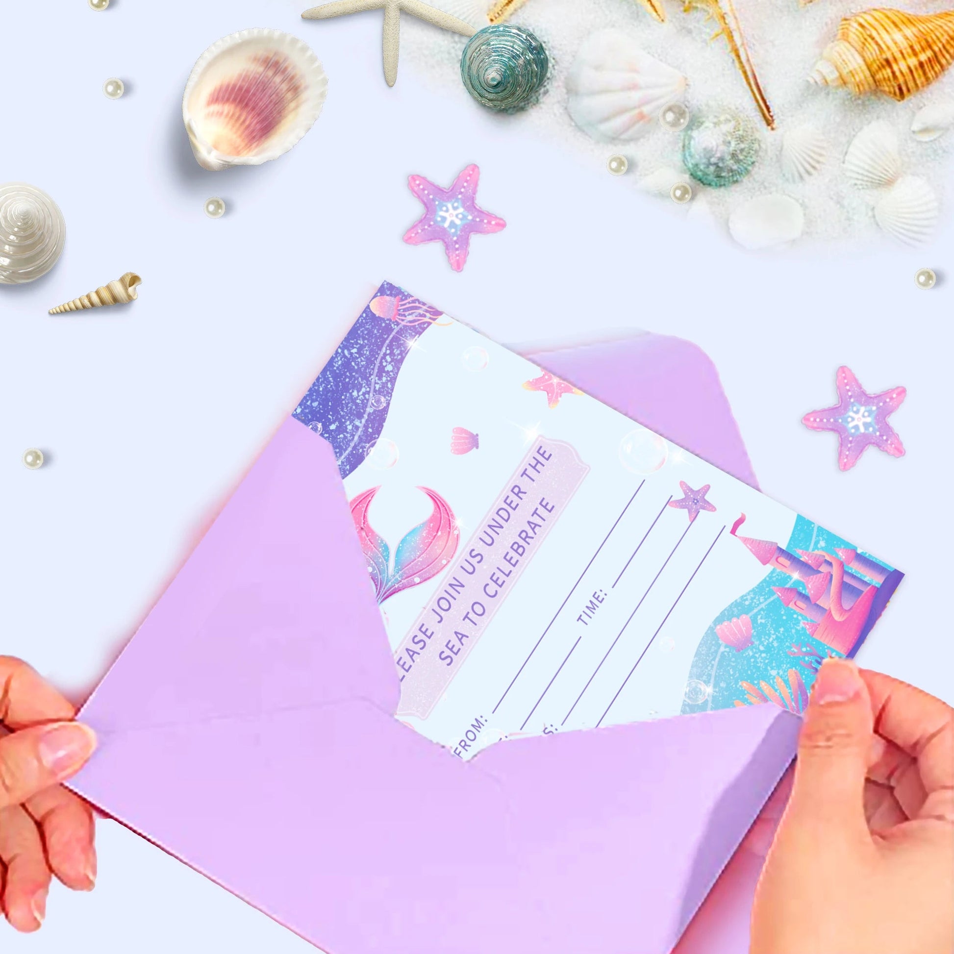 12pcs Cartoon Mermaid Shell Invitation Cards Purple Envelopes Star Stickers Girls Baby Shower Birthday Party Wedding Supplies Good Vibrations