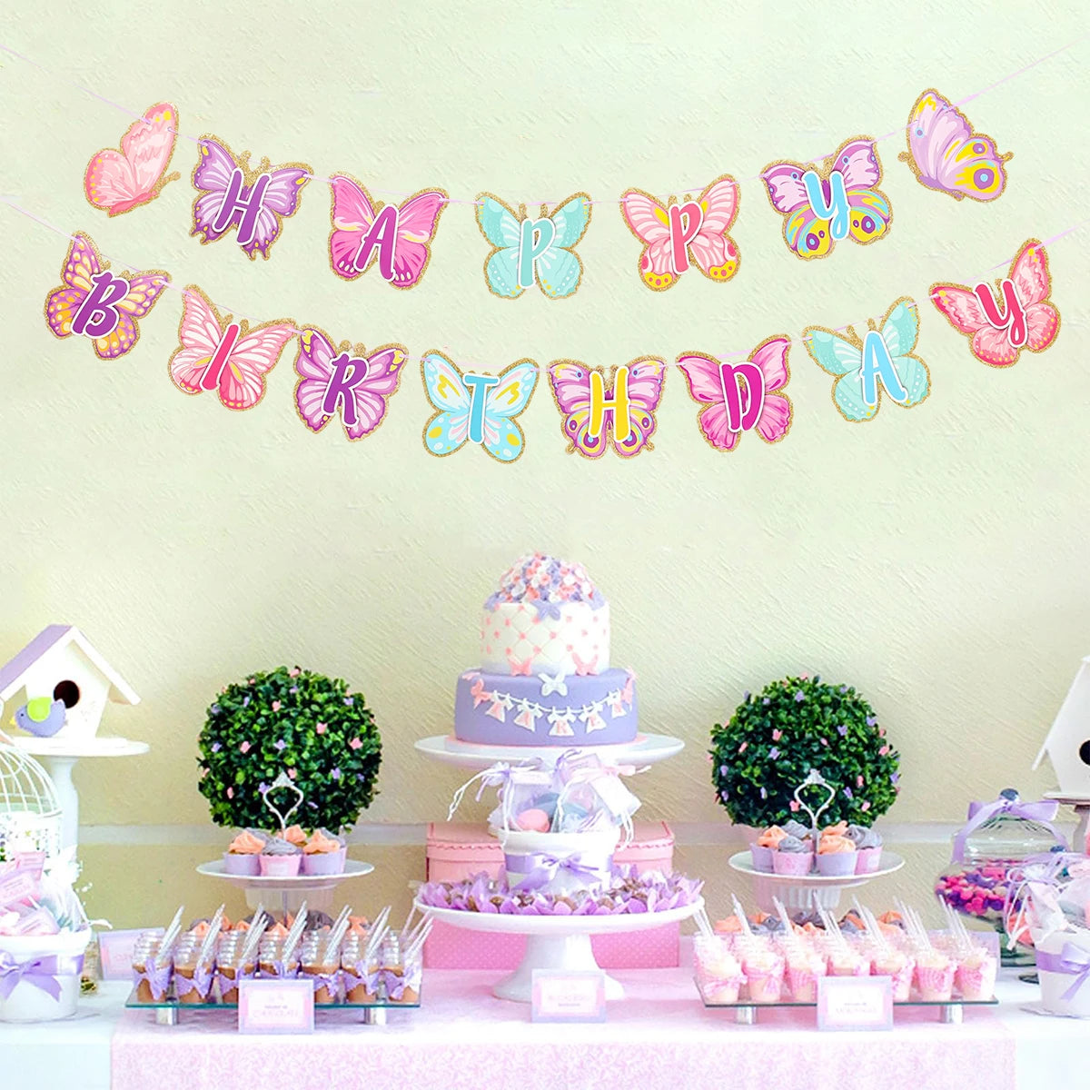 Pink Happy Birthday Banner With Butterfly Dancing Hanging Pendant Garlands  Girls Princess 1st Happy Birthday Party Decorations Good Vibrations