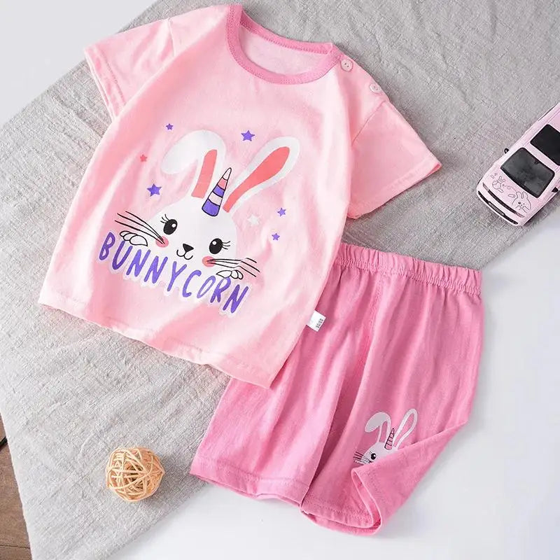 Girls Cute Pink Sets Fashion Tops Summer Clothing Loose Tees+shorts Kids Short Sleeve Shorts Outfits Cartoon Tshirt Casual Good Vibrations