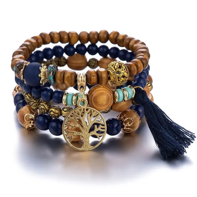 4Pcs/Set Boho Wooden Beaded Bracelet Set For Women Tree Of Life White Tassels Charm Elastic Chain Bangle Lady Bohemia Jewelry Good Vibrations