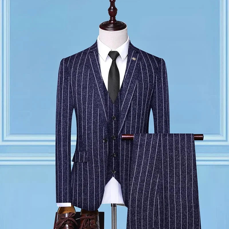 2025 Suit (suit + Vest + Trousers) Single Button Fashion Business Vertical Stripe Gentleman Suit Korean Suit Three-piece Suit Good Vibrations