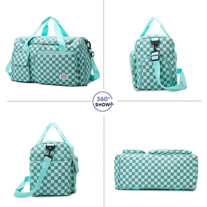 Fashion Large Capacity Checkerboard Pattern Duffle Handbag, Lightweight Travel Luggage Storage Bag, Portable Sports Fitness Bag Good Vibrations