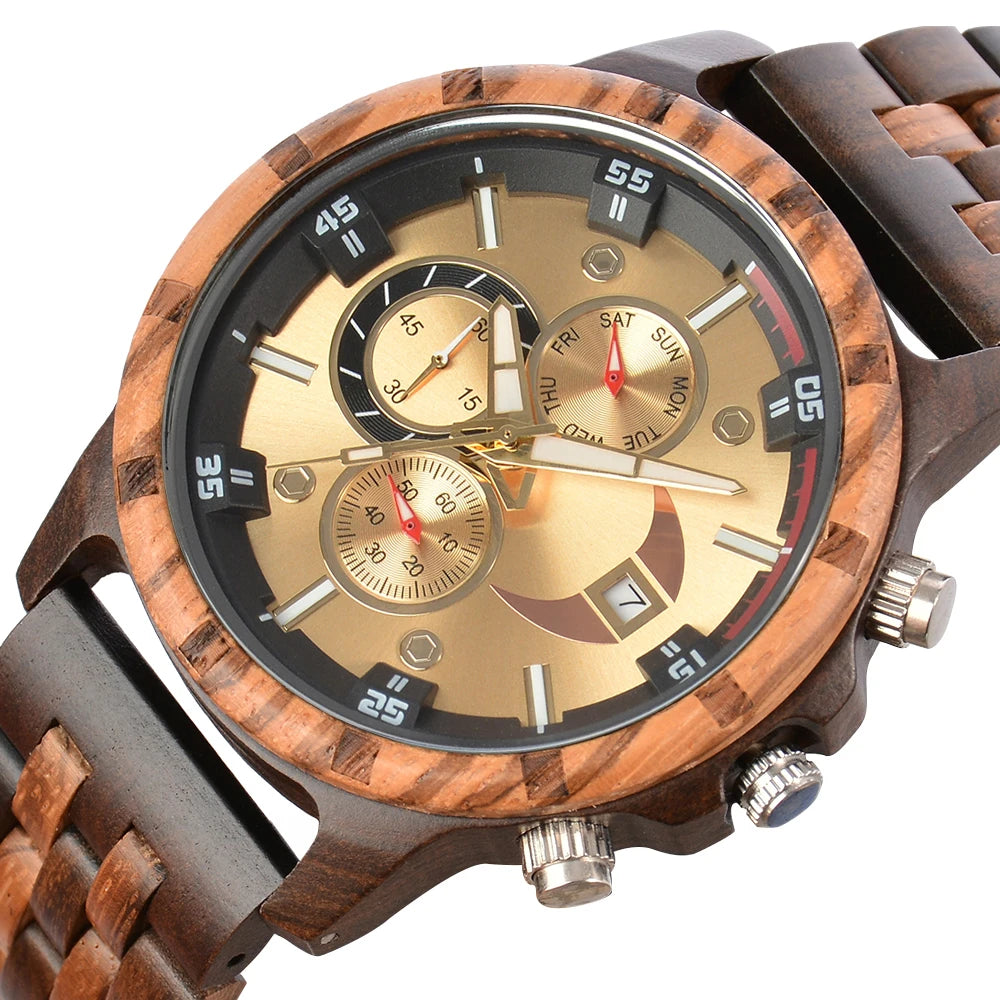 Wooden Wrist Watches For Men Fashion Quartz Wristwatches With Clock Date Week Timepieces Wood Wach Box for Him reloj hombre Good Vibrations