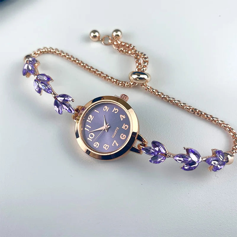 Round alloy case Arabic numeral classic dial leaf-shaped diamond-encrusted fashionable bracelet elegant ladies quartz watch Good Vibrations Adult Super Store