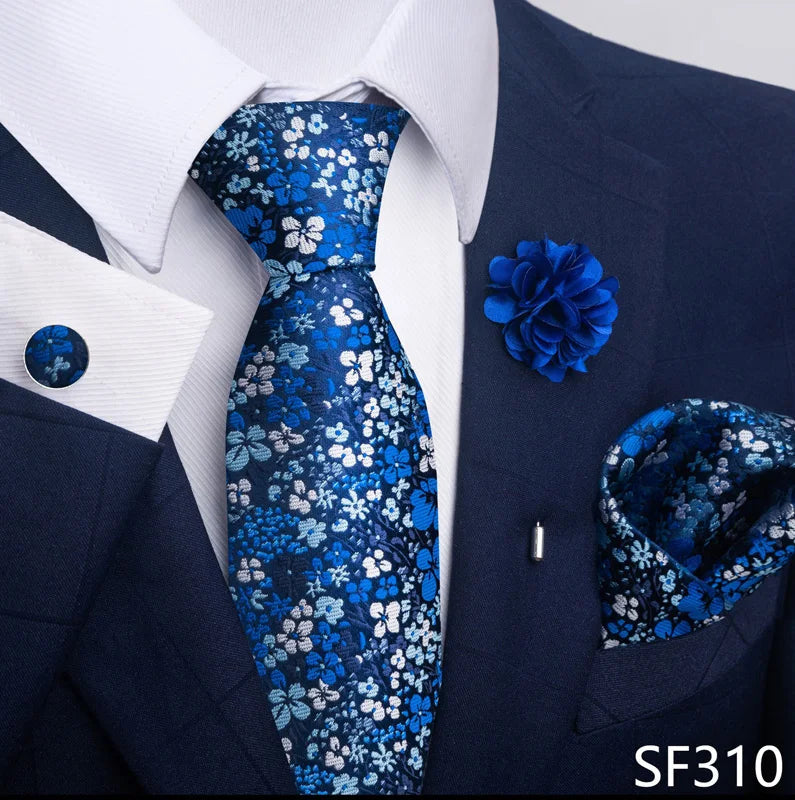 Luxury Mens Ties Floral Black Gold Ties Paisley NeckTie Pocket Square Cufflinks Brooch Set Men's Wedding Party Tie Good Vibrations