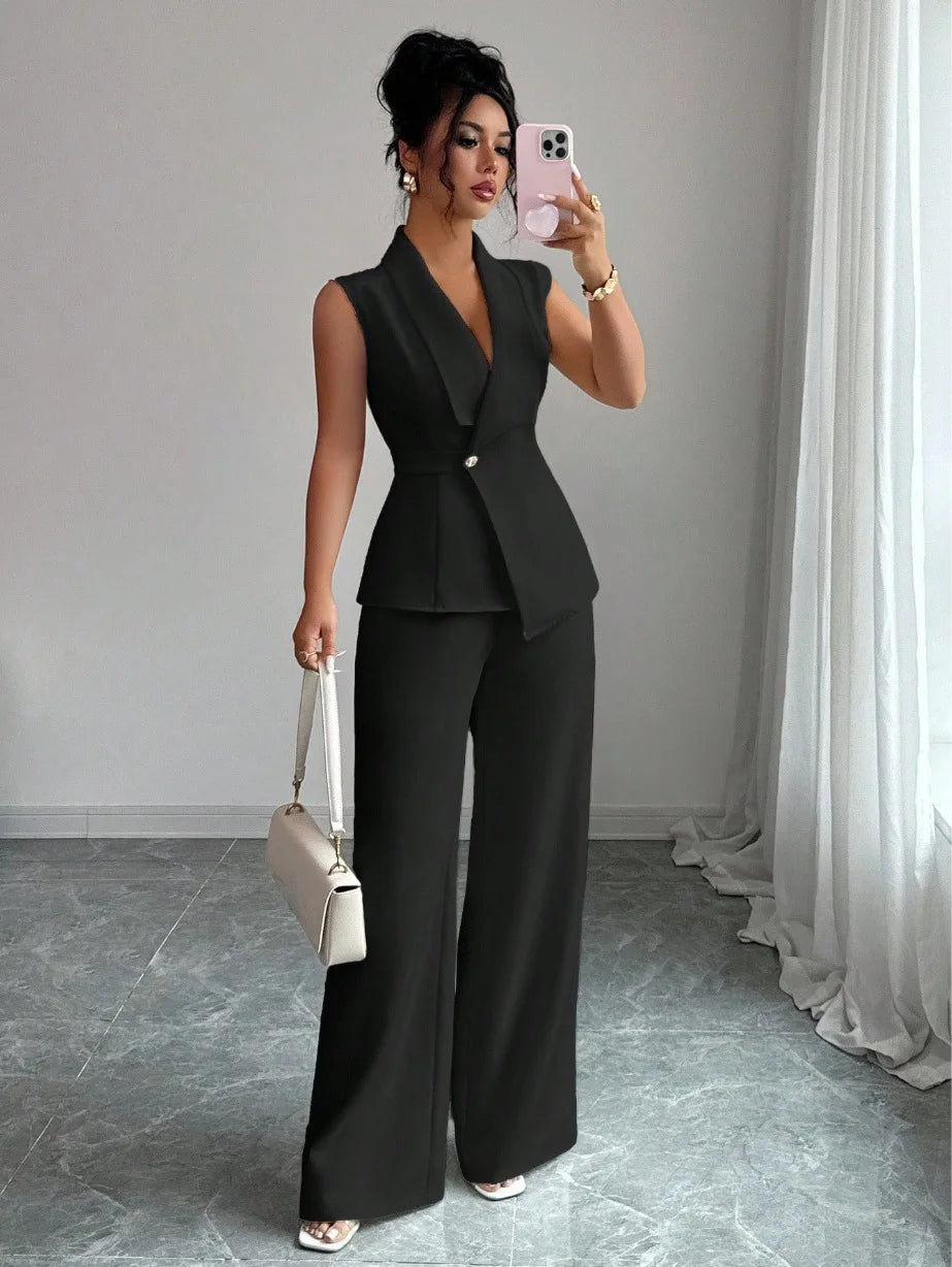 Women's Elegant 2 Piece Outfit Sleeveless V-Neck Single Button Blazer Vest and Wide Leg Pants Set Business Office Workwear Sui Good Vibrations