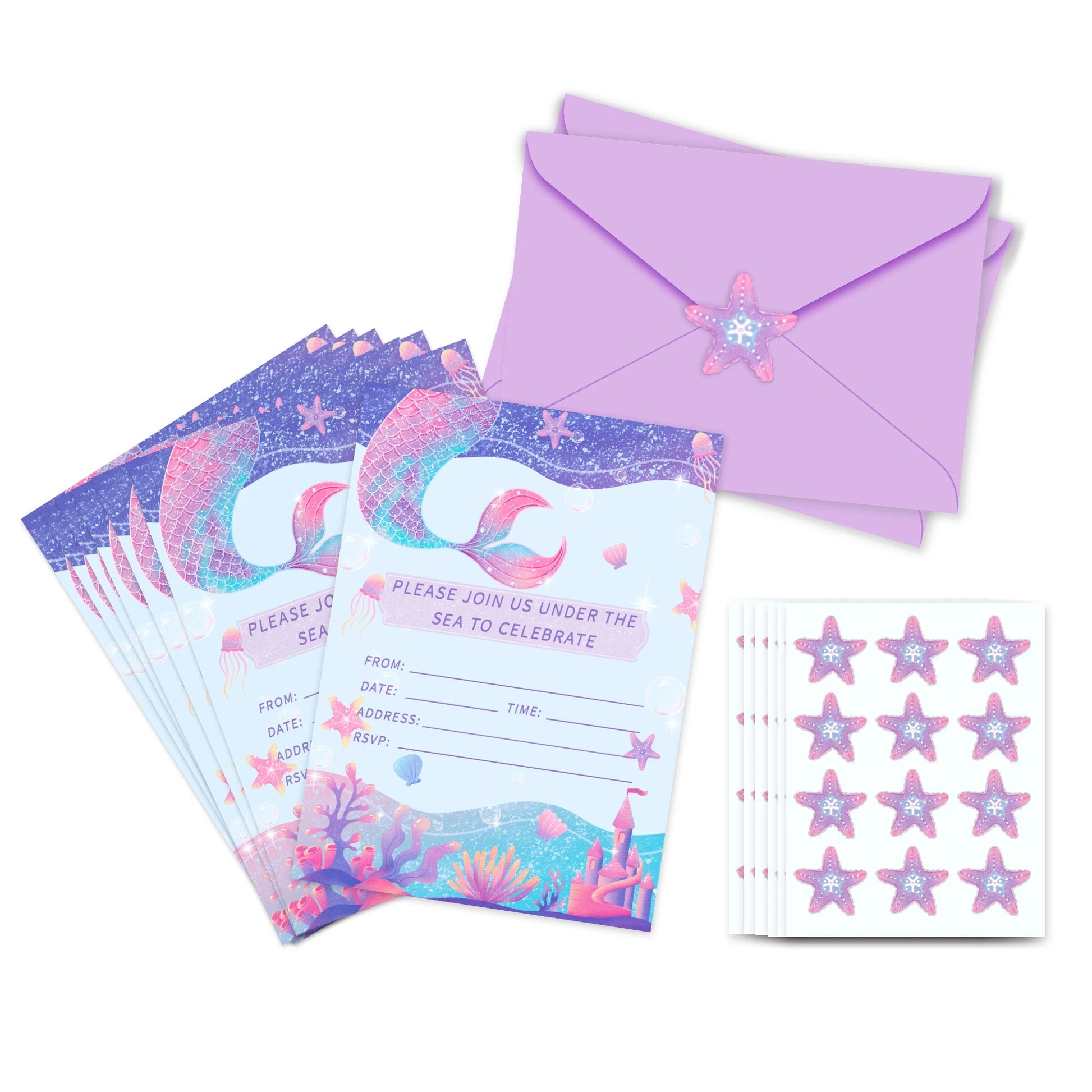 12pcs Cartoon Mermaid Shell Invitation Cards Purple Envelopes Star Stickers Girls Baby Shower Birthday Party Wedding Supplies Good Vibrations