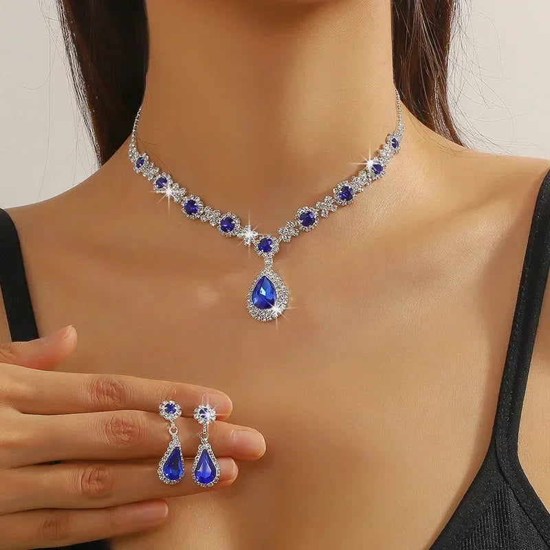 2pcs/set Jewelry Sets Women Elegant Waterdrop Rhinestone Pendant Necklace stud Earrings Wedding Dress Bridal Jewelry Set Good Vibrations