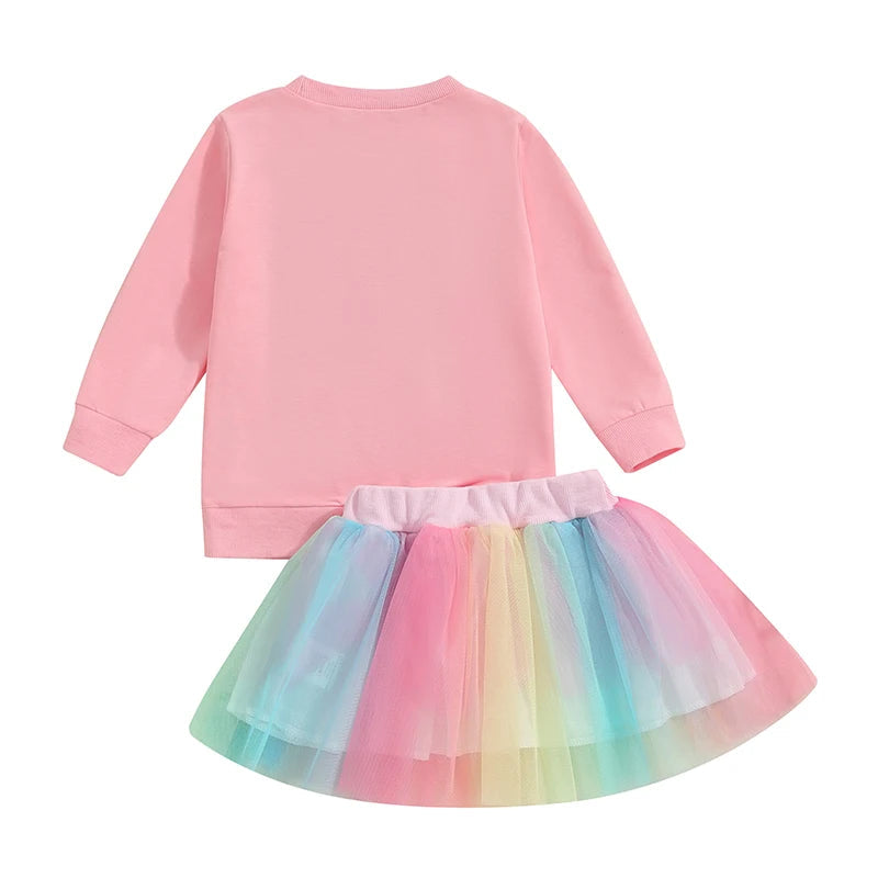 Citgeett Autumn Kids Toddler Girl Birthday Outfit Letter Embroidery Long Sleeve Sweatshirt Rainbow Tulle Skirt Set Fall Clothes Good Vibrations