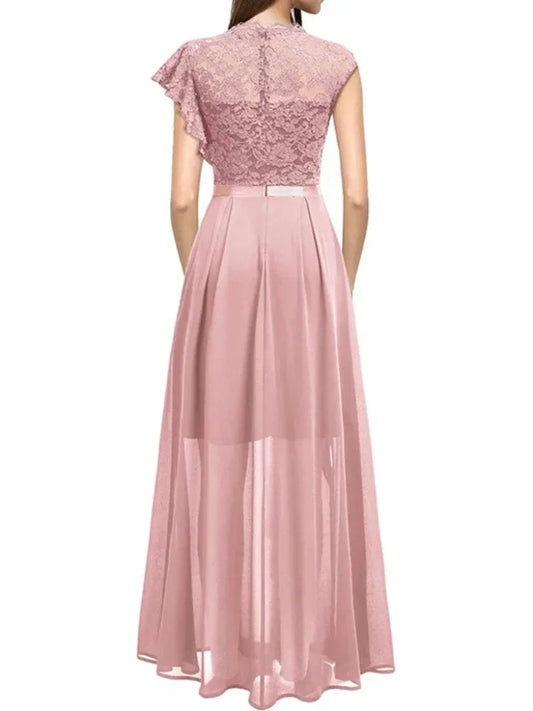 Harajuku Vintage Elegant Long Maxi Dress 2025 New Fashion High Waist Round Neck Party Wedding Dresses Spliced Lace Chiffon Dress Good Vibrations