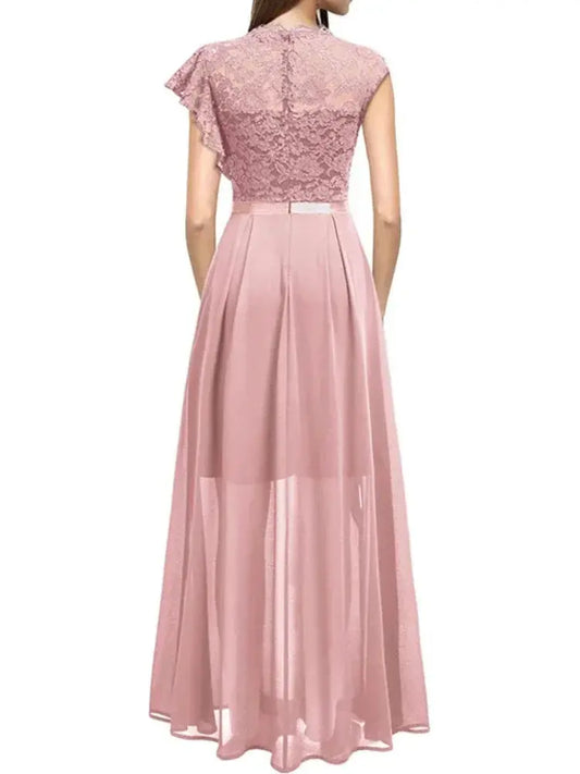 Harajuku Vintage Elegant Long Maxi Dress 2025 New Fashion High Waist Round Neck Party Wedding Dresses Spliced Lace Chiffon Dress Good Vibrations