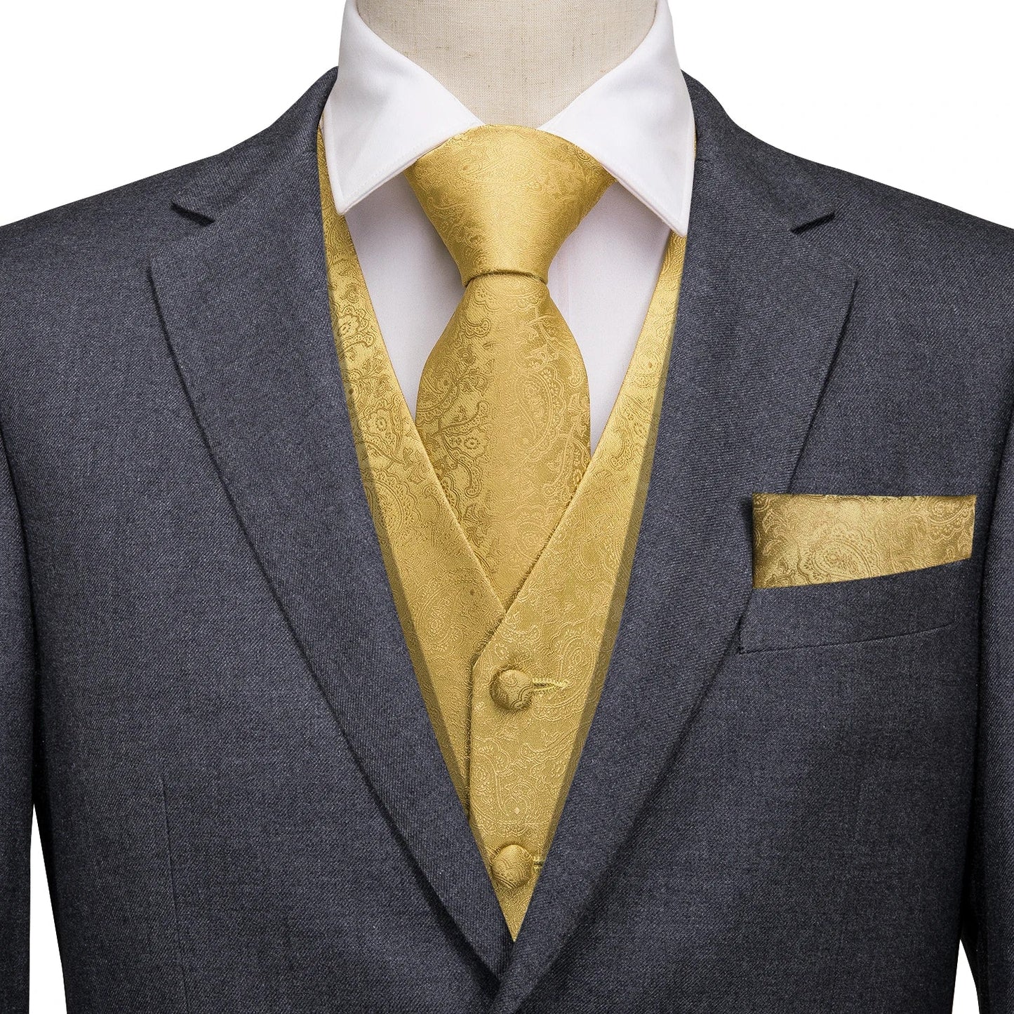 Hi-Tie Black Men Silk Vest Paisley Jacquard Necktie Hankerchief Cufflinks Sets Male Sleeveless V-Neck Waistcoat Business Formal Good Vibrations