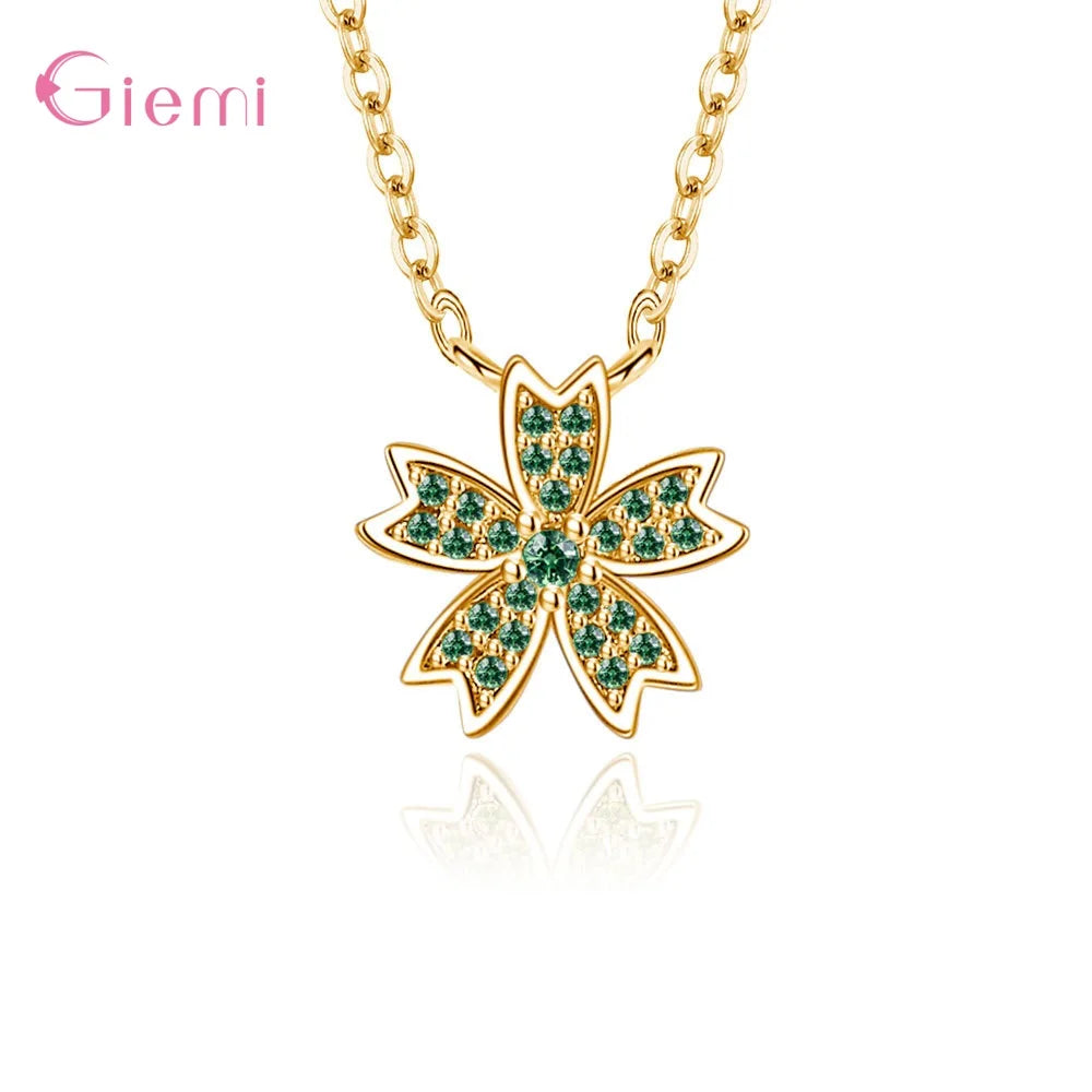 Charm 925 Sterling Silver Jewelry Sets Shiny Cherry Blossoms Cubic Zircon Necklace Earrings Bracelet for Women Girls Party Gift Good Vibrations