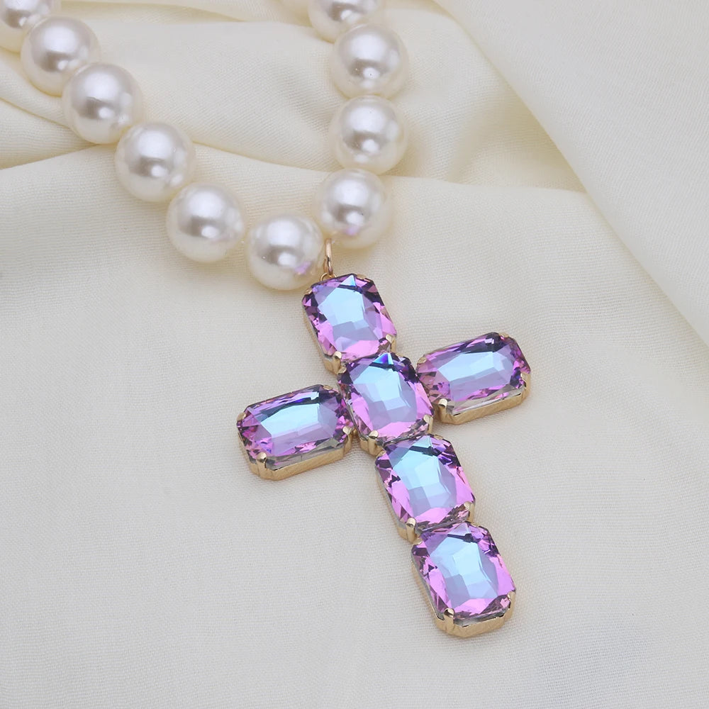Fashionable and exaggerated large glass cross necklace pendant, luxurious Christmas gift jewelry Good Vibrations