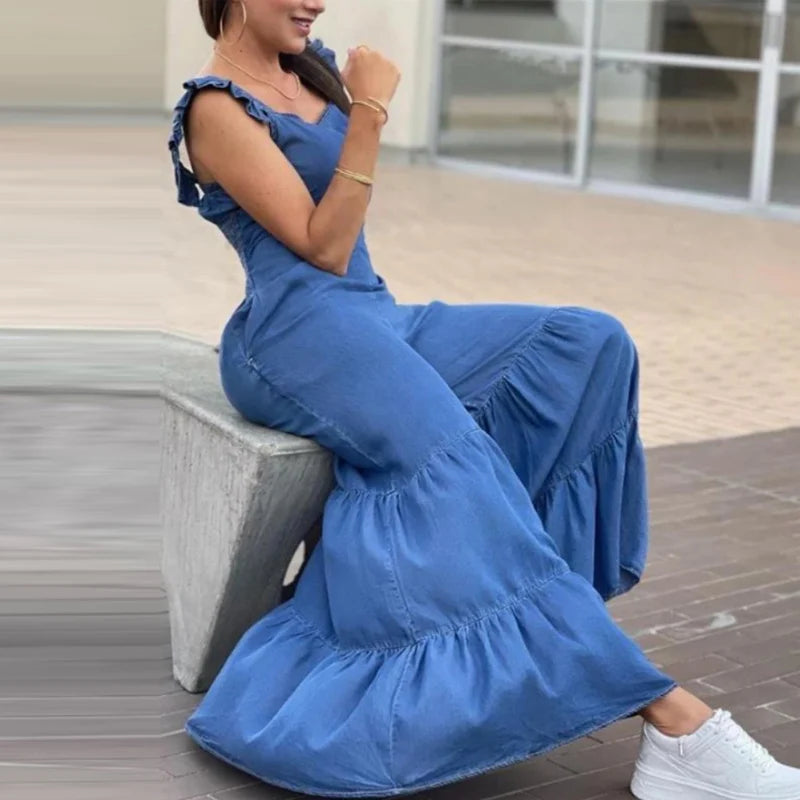 Women Solid Imitation Denim Jumpsuits Spring V Neck High Waist Straight Playsuits Summer Backless Wide Leg Pleated Pants Rompers - Good Vibrations