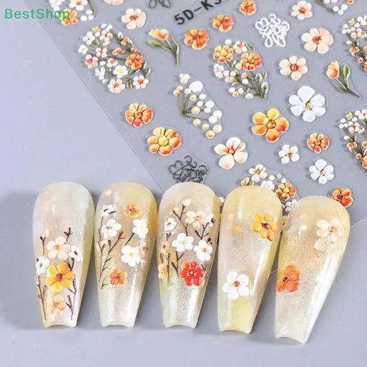 ★★★Colorful 5D Flower Embossed Nail Stickers Fresh Floral Designs Five-Petal Flower Self-Adhesive DIY Nail Art Decals Good Vibrations