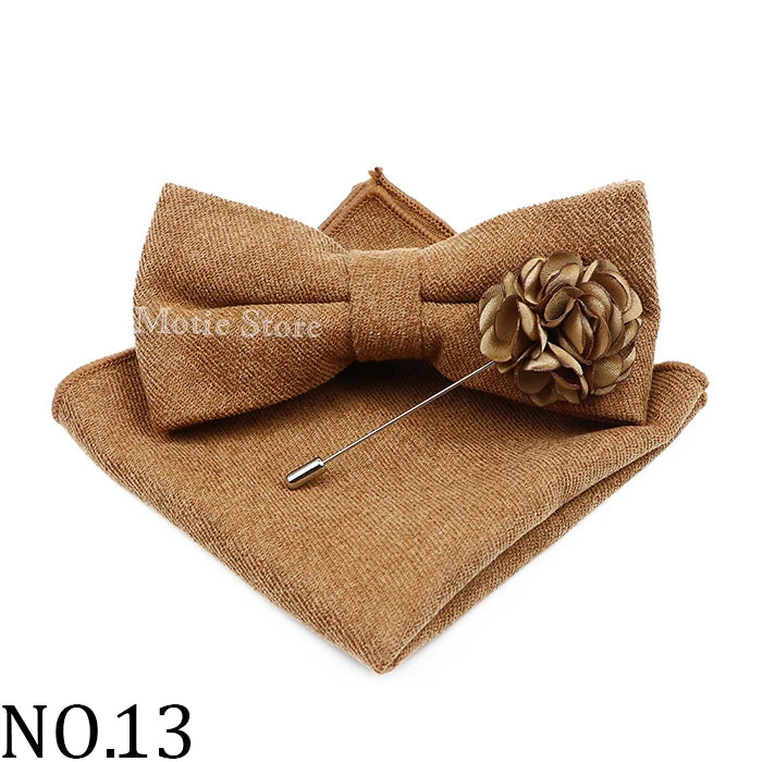 Mens Solid Color Cotton Bowtie Pocket Square Brooch Sets Pink Blue Super Soft Suede Bow Tie Handkerchief For Wedding Party Gift Good Vibrations