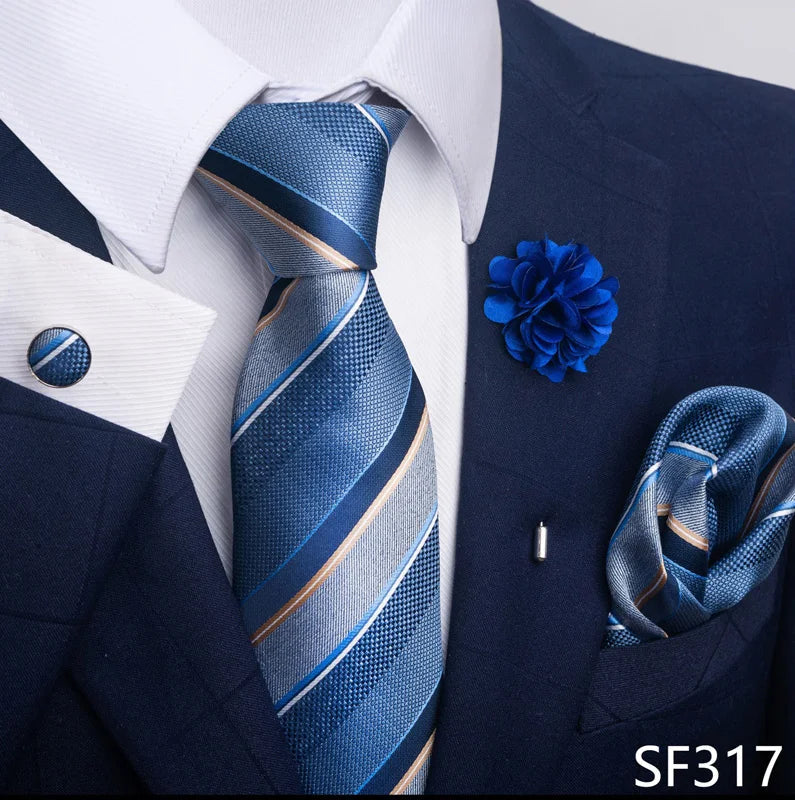 Luxury Mens Ties Floral Black Gold Ties Paisley NeckTie Pocket Square Cufflinks Brooch Set Men's Wedding Party Tie Good Vibrations