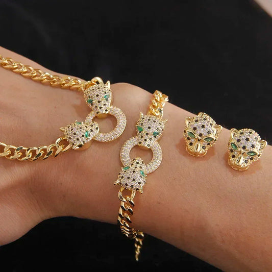 Classic Crystal Leopard Charm Bracelets for Women Fashion Brand Jewelry Set Delicate Zirconia Chain Choker Necklaces Party Gift Good Vibrations
