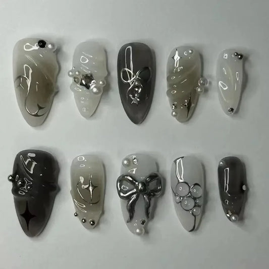 24Pcs False Nails Spicy Girl Silver Bow with Diamond Fake Nails with Glue Almond Press on Nails Black Cool Y2k Almond Nail Set Good Vibrations