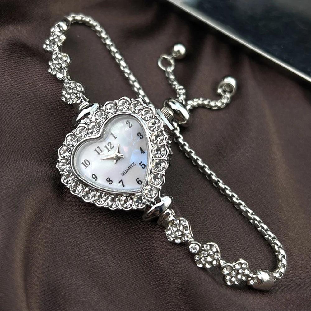New Fashion Heart-shaped Ribbon-Strap Diamond-Studded Flower Watch for Women with Adjustable Bracelet Good Vibrations