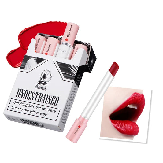 Lipstick with a 'Unrestrained' box and close-up of lips with red lipstick.