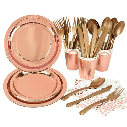 Rose Gold Party Disposable Tableware Set Paper Plate Cup Kids Adult Birthday Wedding Bachelorette Party Decoration Baby Shower Good Vibrations