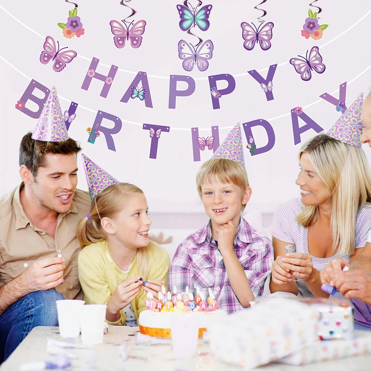 Pink Happy Birthday Banner With Butterfly Dancing Hanging Pendant Garlands  Girls Princess 1st Happy Birthday Party Decorations Good Vibrations