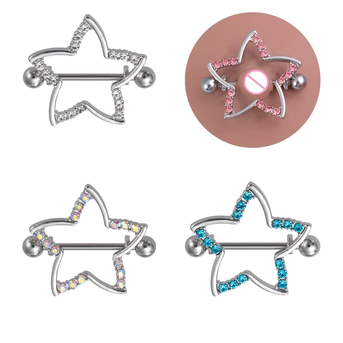 2pcs Nipple Ring Barbell Rhinestone Paved Star Shape Nipplerings Piercing Stainless Steel 14G Nipple Rings Shields Body Piercing Good Vibrations Adult Super Store