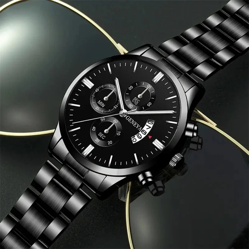 Fashion Mens Watches Luxury Black Stainless Steel Quartz Wrist Watch Man Business Watch for Men Calendar Clock Reloj Hombre Good Vibrations