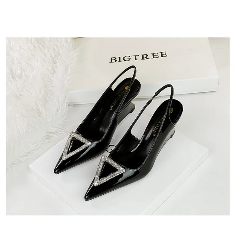 Wedges Women Shoes High Heel Shallow Pointed Toe Hollow Back Straps Patent Leather Triangle Metal Crystal Buckle Pumps Good Vibrations