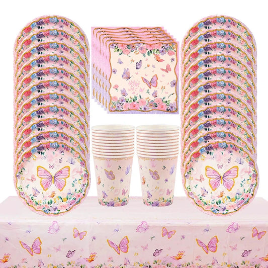 Butterfly Disposable Tableware Set Paper Plate Cup Napkins Pink Butterfly Birthday Party Decoration Baby Shower Wedding Supplies Good Vibrations