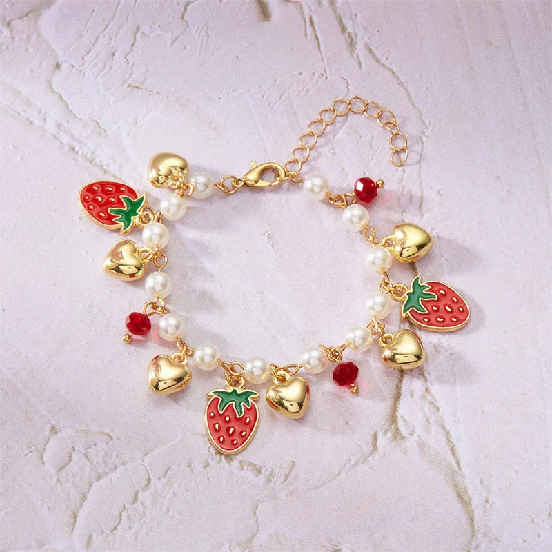 Charm Red Strawberry Bracelet for Women Cute Cherry Heart Shape Fruit Pearl Metal Chain Wristband Girls Party Friendship Jewelry Good Vibrations