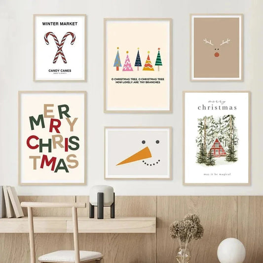 Christmas Tree Santa Claus Snowman Reindeer Posters Prints Canvas Printing Wall Art Pictures for Holiday Living Room Home Decor Good Vibrations