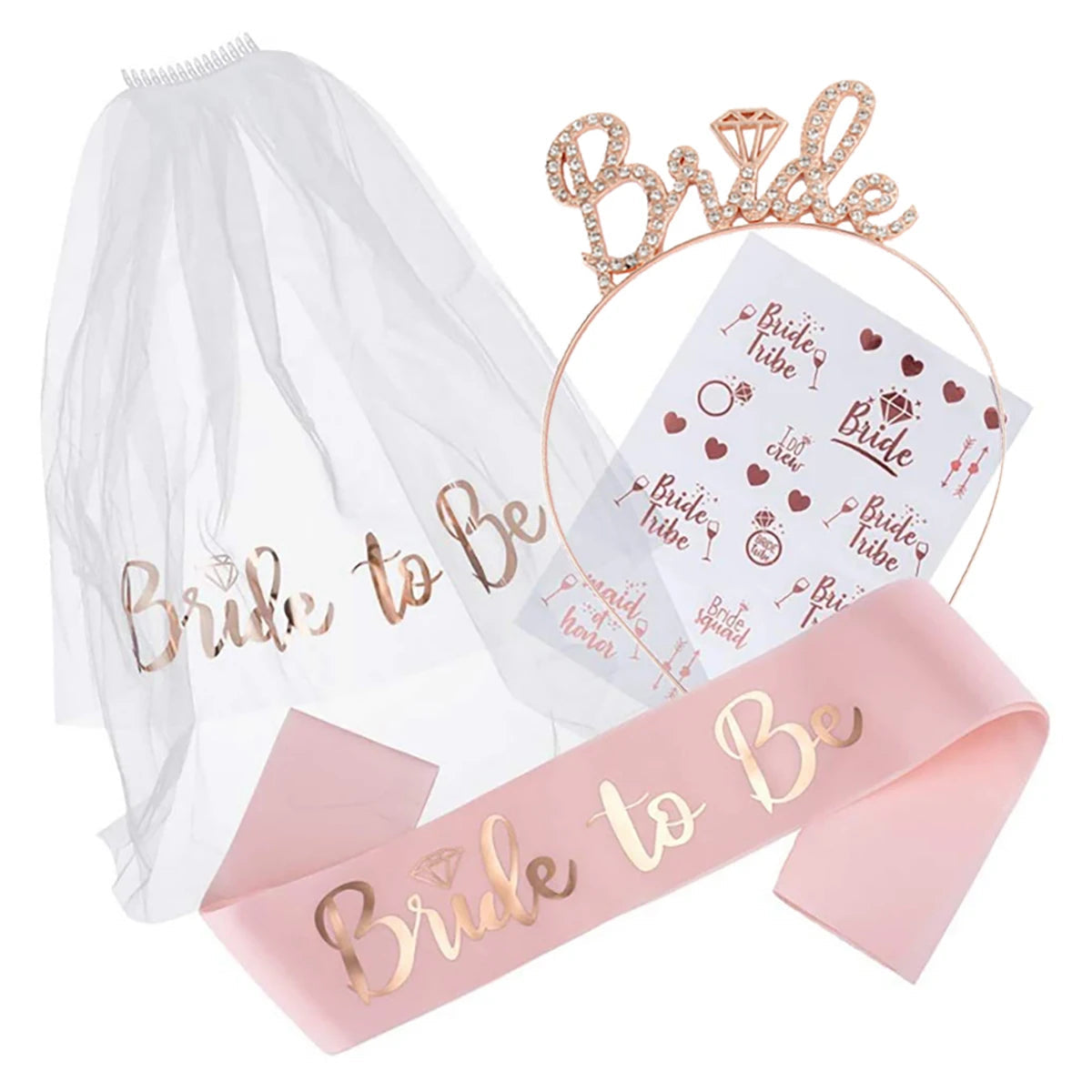 Hen Party Supplies Set Bride To Be Sash Bridal Veil Headband Tiara Tattoos Bridal Shower Wedding Decoration Bachelorette Favors Good Vibrations