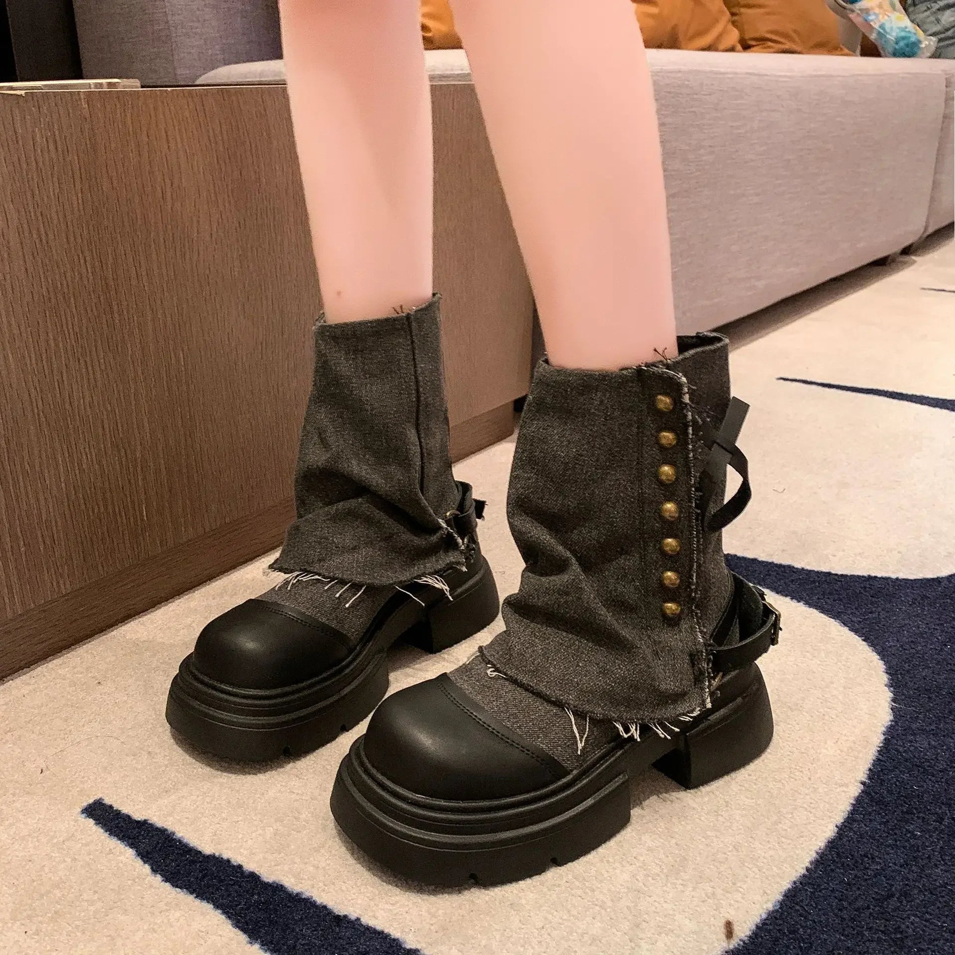 Women's Boots  New Mid Calf Boots for Women Fashion Platform Boot Breathable Canvas Cowboy Boots for Women Motorcycle Botas Good Vibrations