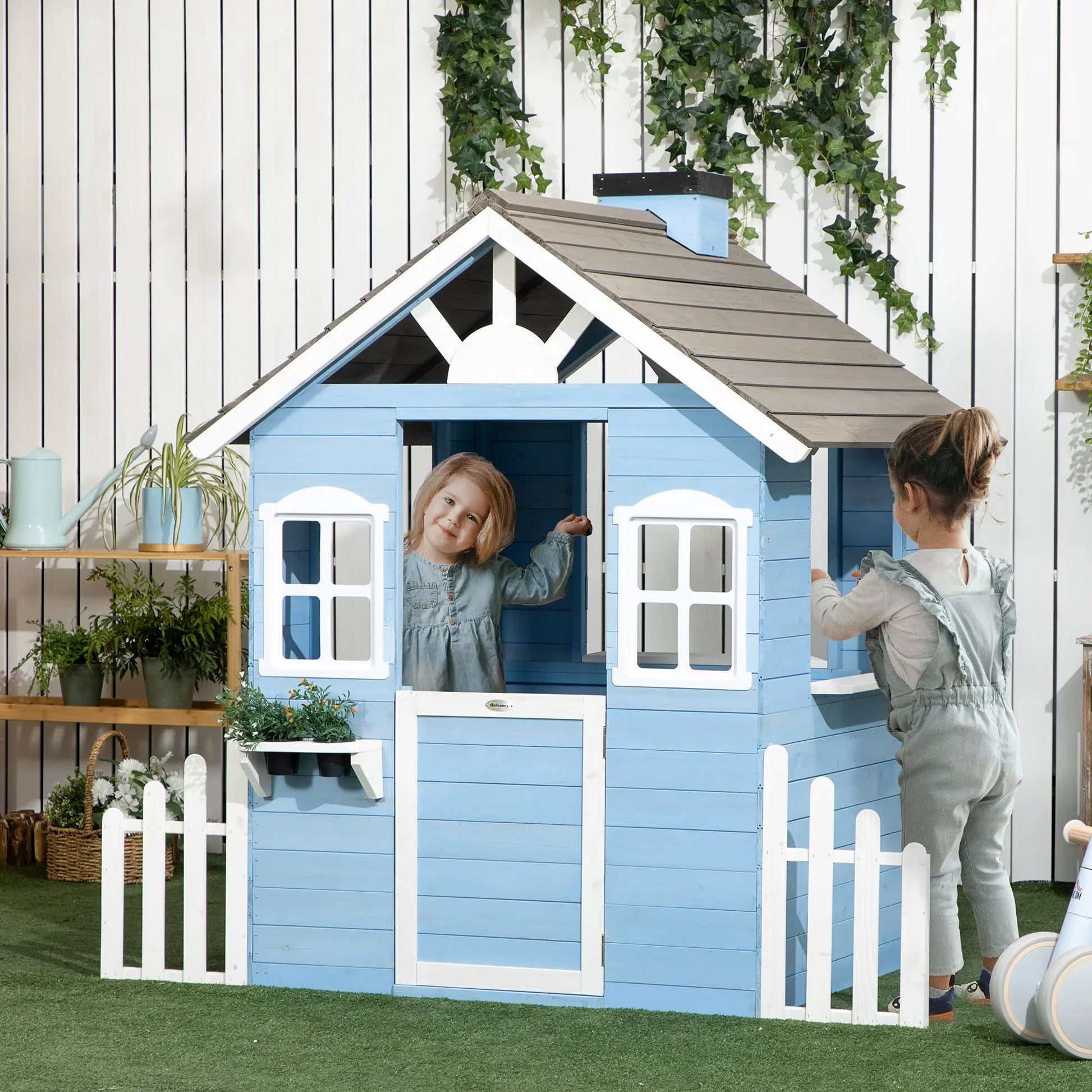 Wooden Playhouse for Kids Outdoor with Flower Pot Holders, Door, Windows, Service Stations for 3-7 Years, Blue Good Vibrations