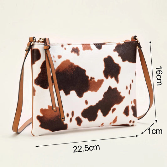 Small Cow Pattern Crossbody Bags For Women, PU Leather Textured Bag Purse, Classic Versatile Fashion Shoulder Bag Good Vibrations