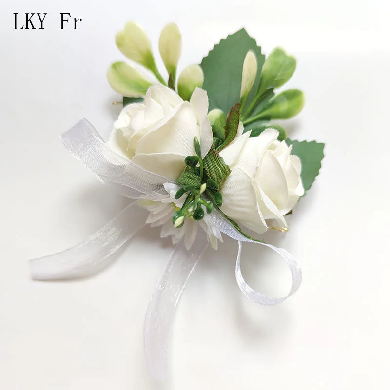 White Boutonniere Wedding Accessories Groom Buttonhole Wrist Corsage Brooch Flowers Artificial Silk Roses Bridesmaids Bracelets Good Vibrations