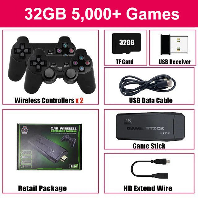 4K Game Stick TV Video Game Console Built-in 20000+ Games 64G Retro Handheld Game Player Wireless Controller Gamepad Good Vibrations