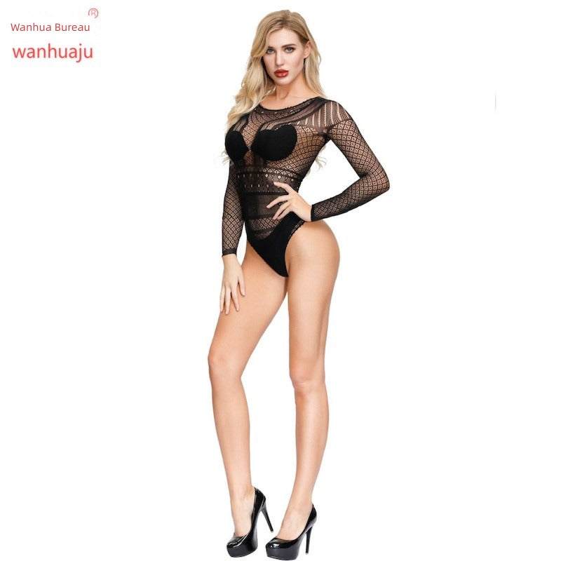 Sexy European and American Sexy Jacquard Long-Sleeved Jumpsuit Mesh Stockings GOOD Vibrations